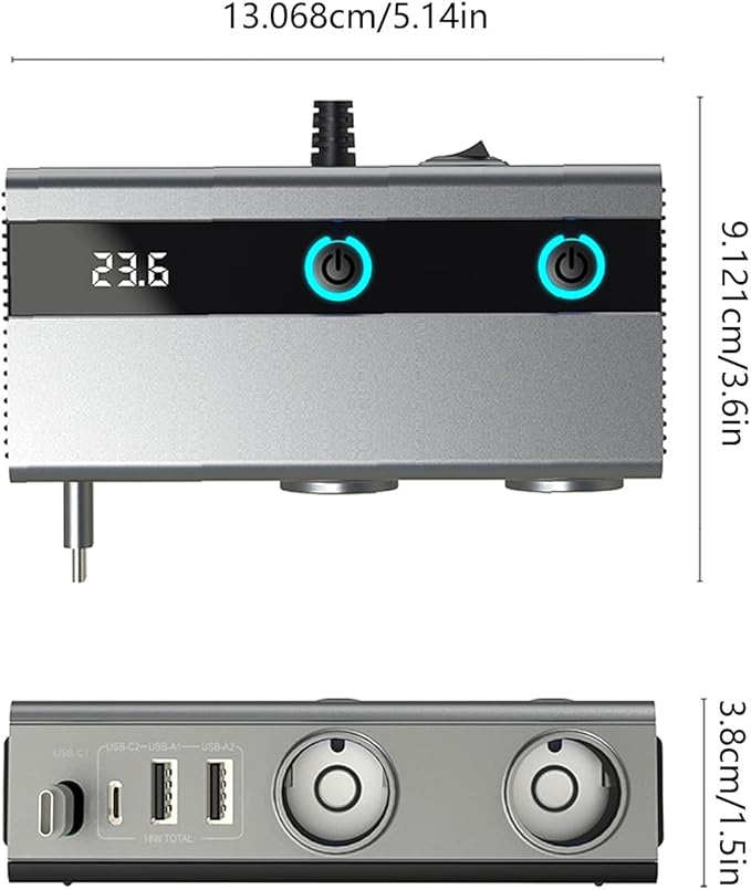 Socket Adapter with Retractable Type C Cable Car Phone Charging and USB/USB C MultiPort for Fast Charging Double Socket Adapter