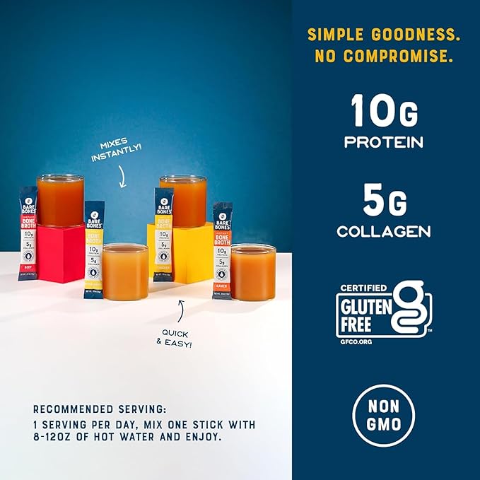 Bare Bones Bone Broth Powder Packets Variety Pack | 5 g Collagen | 10 g Protein | Keto & Paleo Friendly | No Artificial Flavors | Non-GMO, Gluten-Free, Dairy-Free on-the-go 16 Pack + Recipe Guide