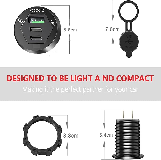 12V USB Outlet Wire USB Charger Multi Port, Dual PD3.0 USB-C and Quick Charge3.0 Car Port Socket IP66 Waterproof, Fast Charge for Phone lPad Android Phones, Suitable for Car Boat RV Marine ATV