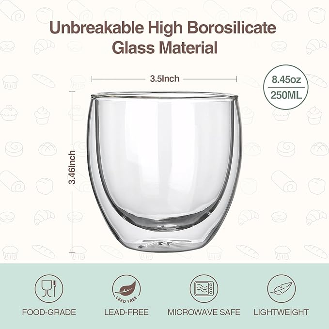 2pcs 8.5OZ/250ml Coffee Glasses Clear Insulated Coffee Mug, Glass Coffee Mug Double Wall Glass Coffee Mugs, Espresso Cup Glass Coffee Cups Double Wall Glass Tumbler For Latte Cappuccino Coffee