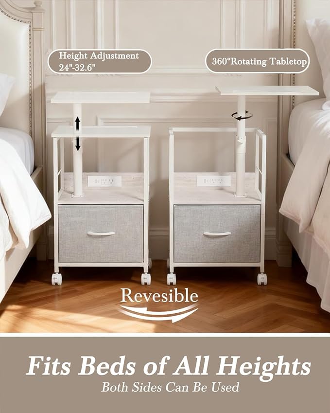Faesun Swivel Lift Top Nightstand with Charging Station, Rolling Side Table for Recliner, Bedside Table with Wheels & a Fabric Drawer, for Small Spaces, for Bedroom, Living Room, White Gray