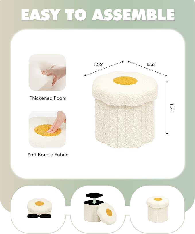 B FSOBEIIALEO Storage Ottoman Foldable, Sunflower Shaped Small Footrest Collapsible Folding Seat Bench for Bedroom Living Room Entryway, Faux Teddy Fur, White 12.6"x12.6"x11.4"