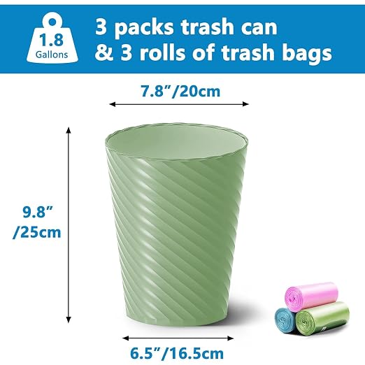 Lysam Bathroom Trash Can, 3 Pack 1.8 Gallons Small Trash Can with Trash Bags, Bathroom Garbage Can, Plastic Trash Bin, Round Waste Basket for Bedroom, Office, Room (White Pink Green)
