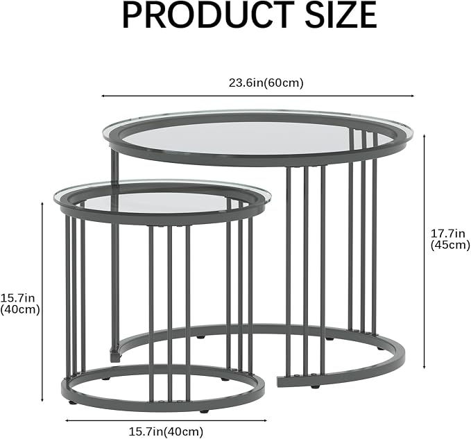 Garden 4 you Nesting Coffee Table, 23.6" Round Coffee Table Set of 2, Glass Nesting Table with Metal Frame, Ceter Tables for Living Room Bedroom Balcony, Grey