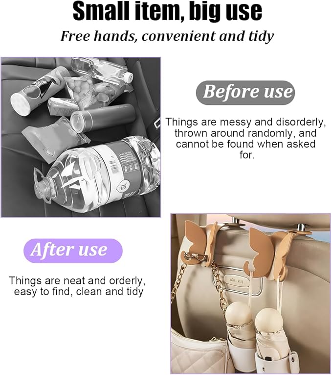 2PCS Car Seat Headrest Hook, Cute Butterfly Backseat Storage Hanger Organizer for Purse Handbag Umbrella, Auto Interior Seat Back Hook Holder Decor, Universal for SUV Truck Van (Brown)