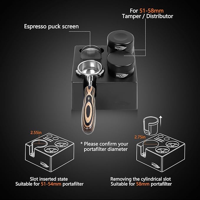 IKAPE ABS Espresso Knock Box, 7 in 1 Coffee Organizer Box Fit for Storage 51, 54, 58MM Espresso Tamper, Distributor, Portafilter & Puck Screen Accessories(Black)
