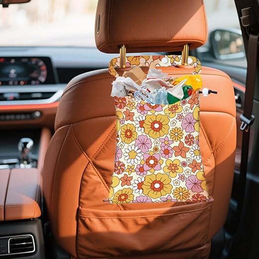 Small Flowers Strap Drawstring Car Trash Bag Hanging Garbage Bag with Snap Buttons Car Back Seat Trash Storage Portable Dustbin Vehicle Trash Can Bag for Vehicle Travel Camping
