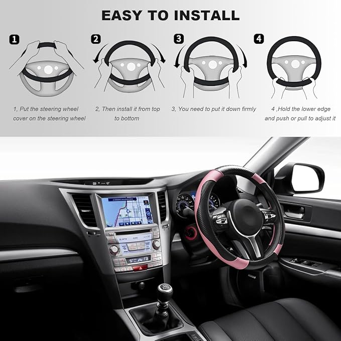 Car Steering Wheel Cover, 15 Inch Carbon Fiber Elastic Vehicle Steering Wheel Protector, Breathable Leather Auto Wheel Covers for Women Men, Interior Car Accessories (Black & Pink)