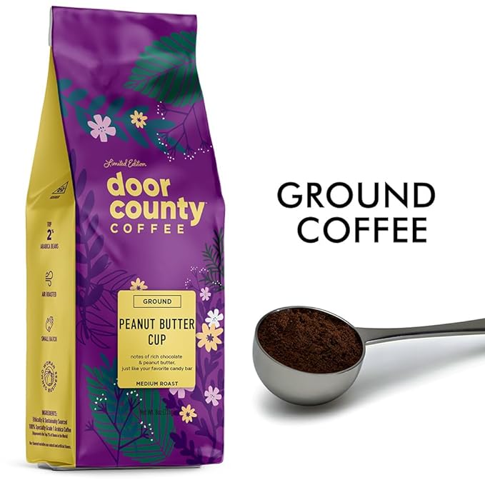 Door County Coffee Peanut Butter Cup Flavored Coffee Ground - 8 oz Bag - Spring & Summer Seasonal - Medium Roast - 100% Specialty Arabica - Peanut Butter & Chocolate