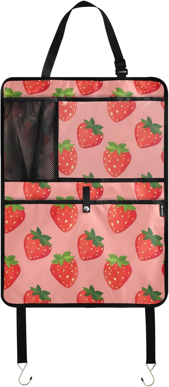 JIPONI Car Backseat Organizer, Strawberrys Pink Automotive Back Seat Protector, Kick Mats with Storage Pockets for Kids Pets, Road Trip Accessories