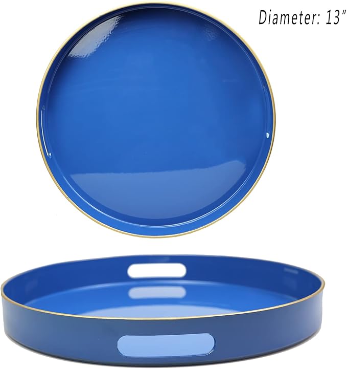 Spsyrine Round Blue Decorative Tray, 13" Plastic Serving Table Tray with Handles for Breakfast, Ottoman, Coffee Table, Bathroom, Kitchen, Living Room