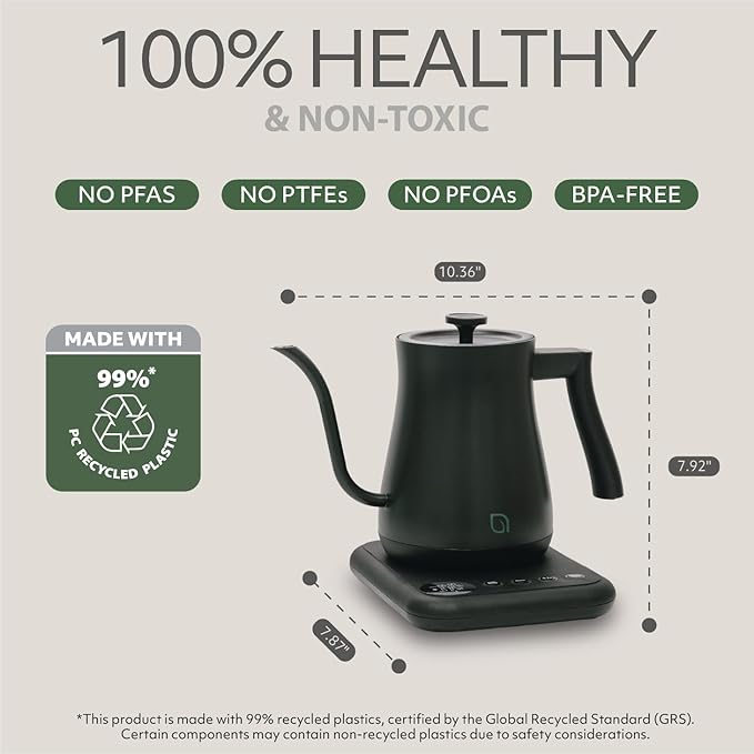 WILLOW ECO SERIES Gooseneck Electric Kettle with 5 Temperature Presets and Keep Warm Feature, 1L Pour Over Kettle for Coffee & Tea, 1200W Quick Heating with 100% Stainless Steel Interior Water Heater