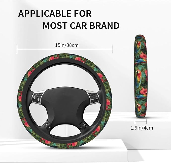 Tropical Floral Steering Wheel Cover Elastic Non-Slip Car Steering Wheel Covers with Seat Belt Shoulder Pad for Women Men