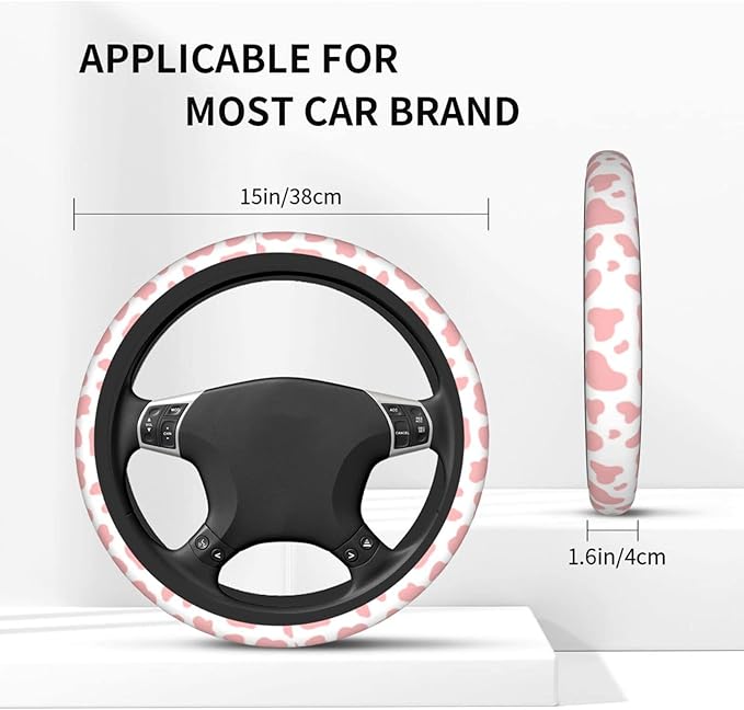Pink Cow Print Steering Wheel Cover for Women Men with 2 Pcs Car Coasters, Universal 14.5-15 Inch Rainbow Steering Wheel Covers Non-Slip Car Accessories for Girls