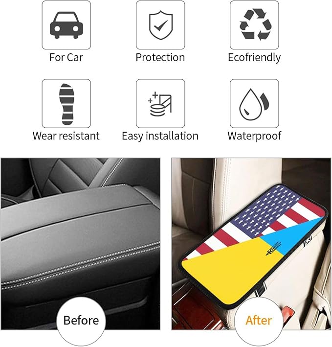Ukraine Ukrainian Trident American Flag Car Center Console Cover, Universal Waterproof Armrest Pad, Soft Comfort Cushion & Scratch-Resistant Protector for Cars, SUVs and Trucks