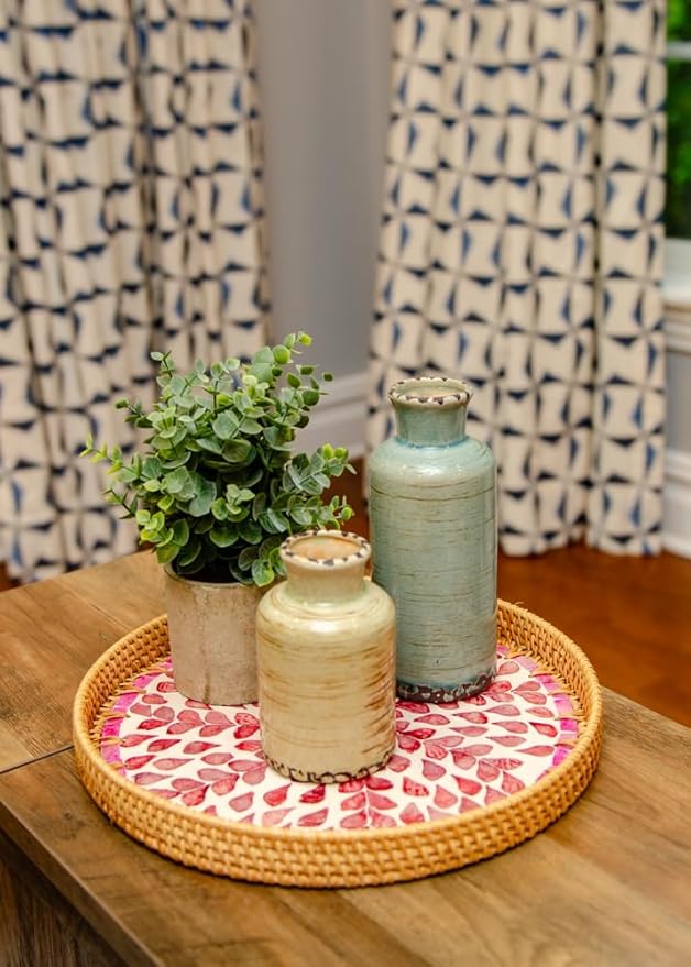 Magenta & Teal Round Rattan Serving Tray with Mother of Pearl Inlay, Wicker Coffee Table Decor, Farmhouse Style (Pink Flower)