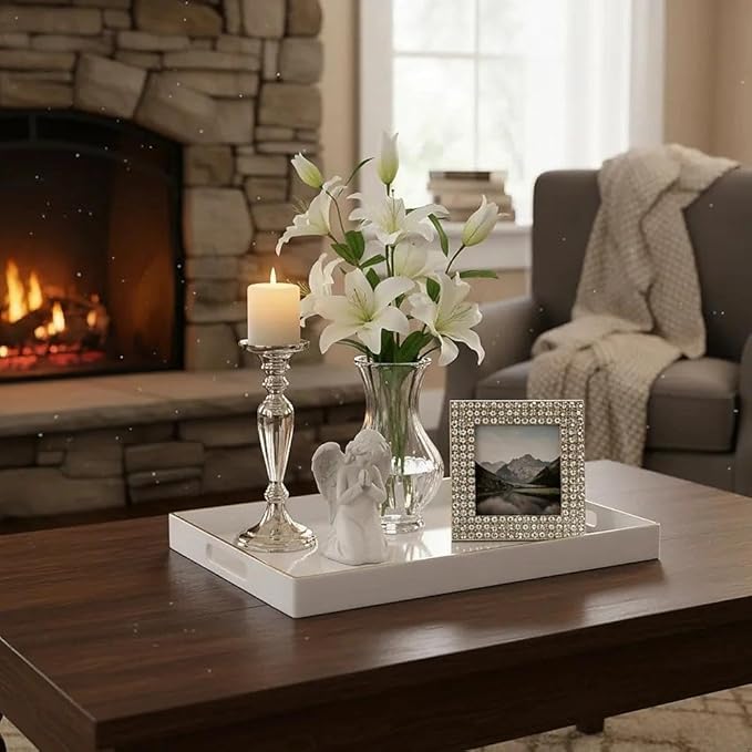 Zosenley Decorative Tray, Rectangular Plastic Tray with Handles, Modern Vanity Tray and Serving Tray for Bathroom, Kitchen, Ottoman and Coffee Table, 15.6” x 10.2” (White)