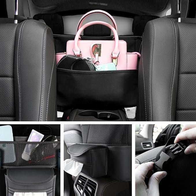Car Purse Holder Between Seats Car Organizer, Leather Large Capacity Car Handbag Holder for Front Seat, Seat Back Net Bag Double-sided Tissue Storage Handbag Holder Car Divider (Black)