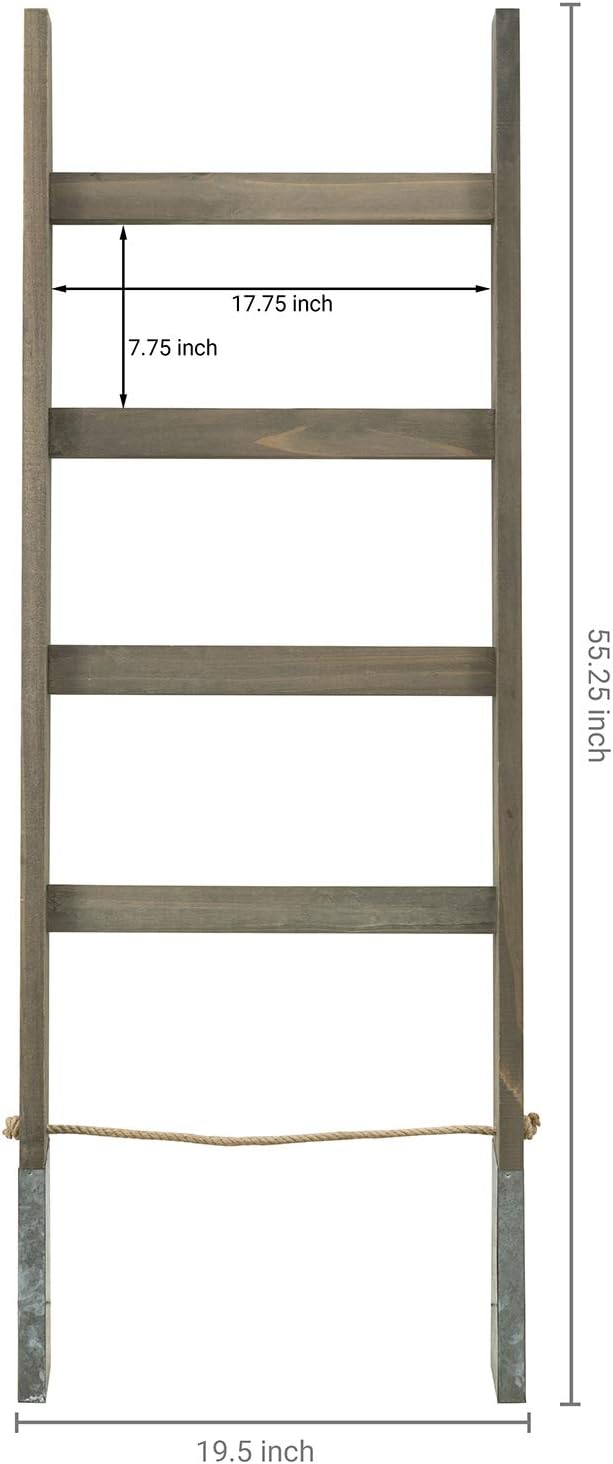 MyGift 55'' Wood Wall Leaning Blanket Ladder with 4 Rung, Farmhouse Living Room and Bathroom Towel Rack with Decorative Rustic Galvanized Silver Metal Legs and Rope