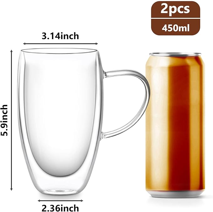 Double Wall Glass Coffee Mugs Set of 2, 15oz/440ml Insulated Glass Mugs with Handle for Hot Beverages, Large Clear Coffee Cups for Espresso, Tea, Latte, Cappuccino
