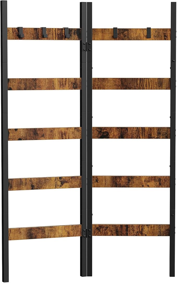Foldable Blanket Ladder, 5-Tier Ladder Shelf, Decorative Ladder with 5 Removable Hooks, Wall-Leaning Blanket Holder for Towel, Scarves, Quilt Display Rack for Living Room, Rustic Brown