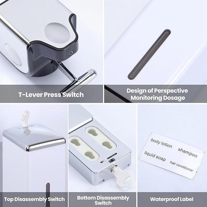 3-in-1 Quadrate Dispensers for The Shower,Shower soap Dispenser,Conditioner Dispenser, Shampoo Dispenser,No Drilled Wall Mounted Distributor,Hotel,Bathroom,Home