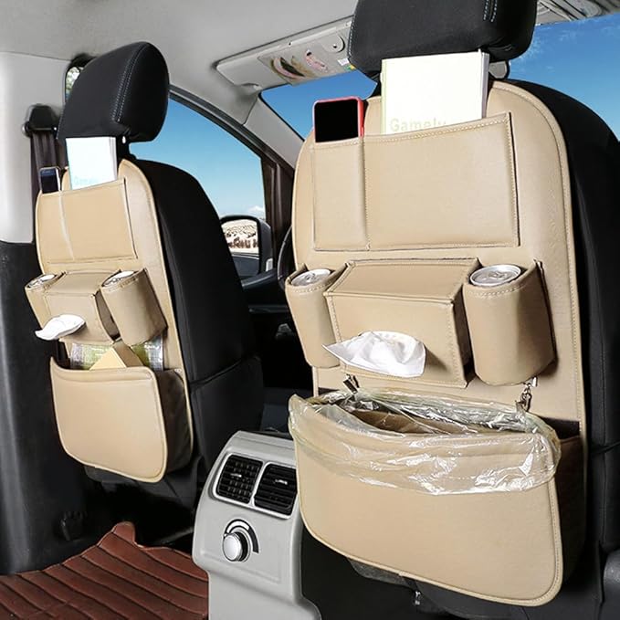 1PCS Car Backseat Organizer Seat Back Protectors Kick Mats, PU Leather Car Storage Organizer Hanging Bag with Car Tissue Holder Kids Toys Storage Car Accessories (Beige)