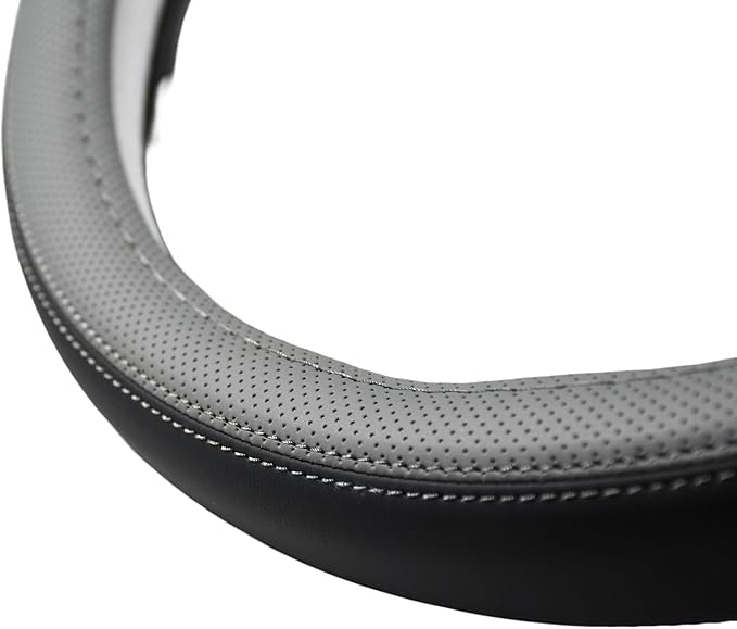 Nappa Napa Leather & Stitched Perforated Leather Steering Wheel Cover with Rubber Shaping Interior,Sweat Absorbent for 14½" to 15" car Pickup SUV 14.5 to 15 inches