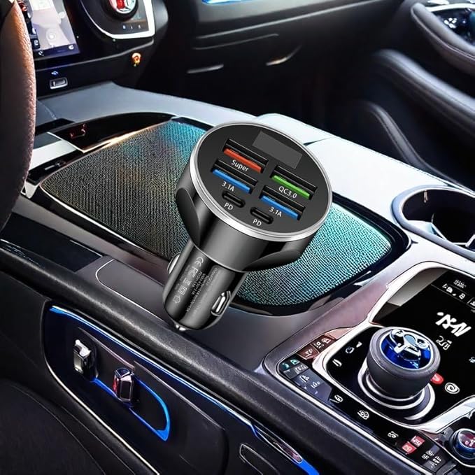 MESA'S LIVE 6-Port Car Charger USB C, 100W Max PD 65W QC3.0 Fast Charging, LED Voltage Display, 12/24V for Car/Truck/RV, Compatible with iPhone 16/Samsung/Tablet/Laptop
