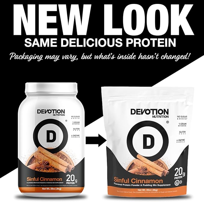 Devotion Nutrition Protein Powder Sinful Cinnamon – 20g Whey Isolate & Casein Protein Blend – No Added Sugar, Low Carb, Gluten-Free, Keto-Friendly, 1g MCT, Kosher – 2lb Pouch