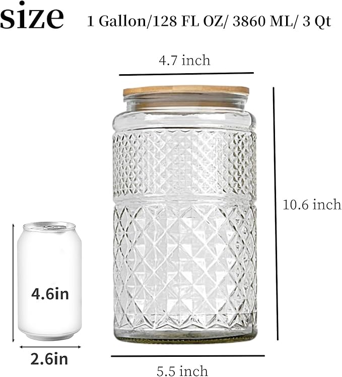 1 Gallon Large Airtight Glass Storage Jars with Bamboo Lid, Kitchen Pantry & Bathroom Laundry Room Organizer Canisters for Flour, Sugar, Cookie, Pasta, Rice, Snack, Coffee Bean, Tea, Spice, Cereal