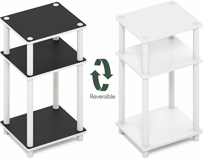 Furinno Turn-N-Tube Side Table, 3-Tier End Table with Open Shelf, Toolless Assembly Night Stand, Bedside Table, for Living Room, Bedroom, White Espresso