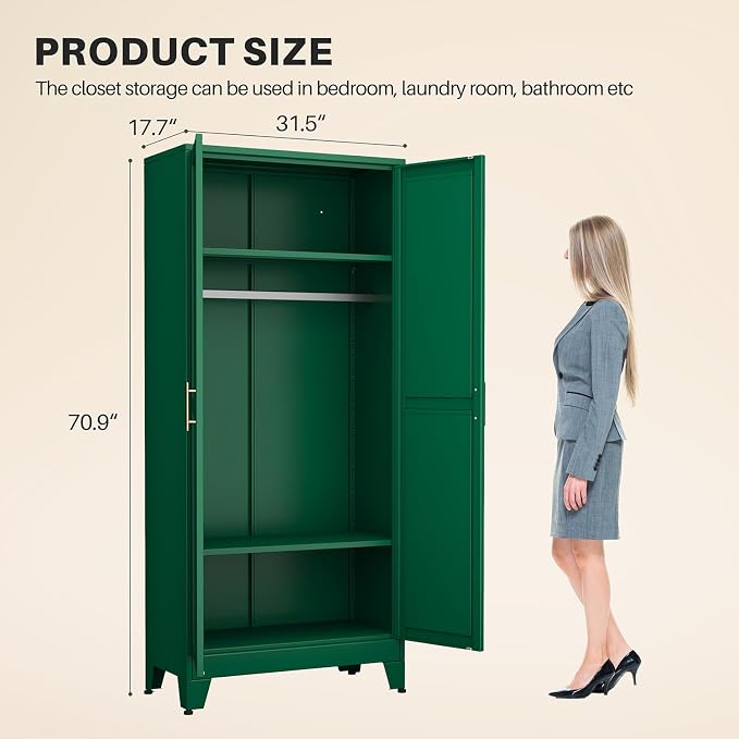 winiowa Metal Armoire Wardrobe Closet with 2 Doors, 71" Wardrobe Cabinet with Adjustable Shelves and Hanging Rod, Clothing Storage Cabinet Closet for Bedroom-Green