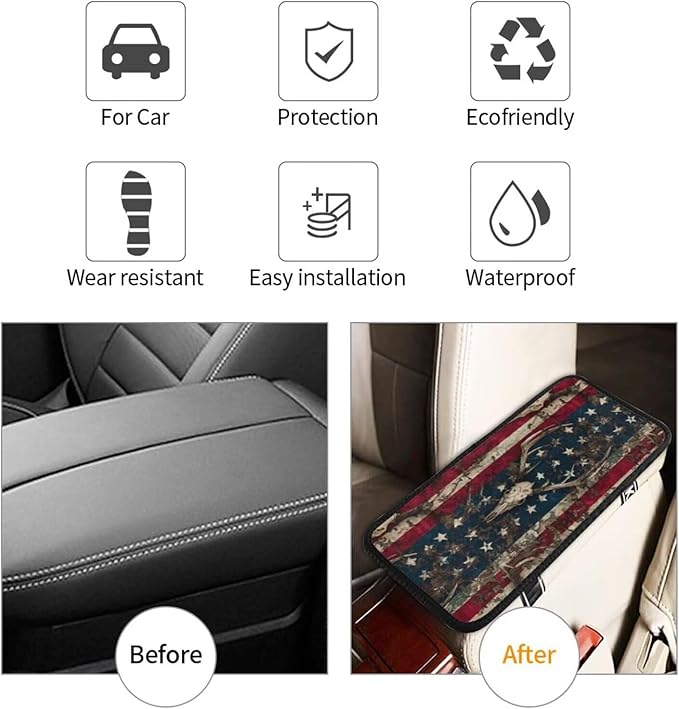 American Flag Print Center Console Cover Vintage Elk Star Stripe Middle Arm Rest Cushion Pad Armrest Seat Box Lid Protective Covers Car Center Console Pads