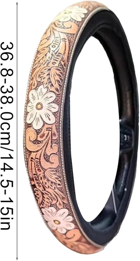 Western Steering Wheel Cover 14.5–15" – Retro Tooled Leather Pattern, Universal Anti-Slip Car Accessories for Trucks SUVs Cars, Boho Cowgirl/Cowboy Gift (F)