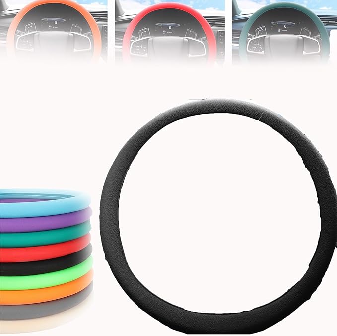 Cool Non-Slip Silicone Steering Wheel Protector, Car Steering Wheel Protective Cover, Non-Slip Car Steering Wheel Cover, Universal Fit Easy to Clean Steering Wheel Cover (Black), RZX123