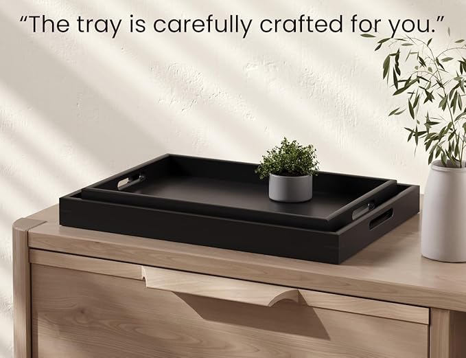 Bamboo Set of 2 Serving Tray with Handles,Decorative Trays Platter,Breakfast Tray in Bed,Food Drinks Tray for Eating,Working,Storing(Black)