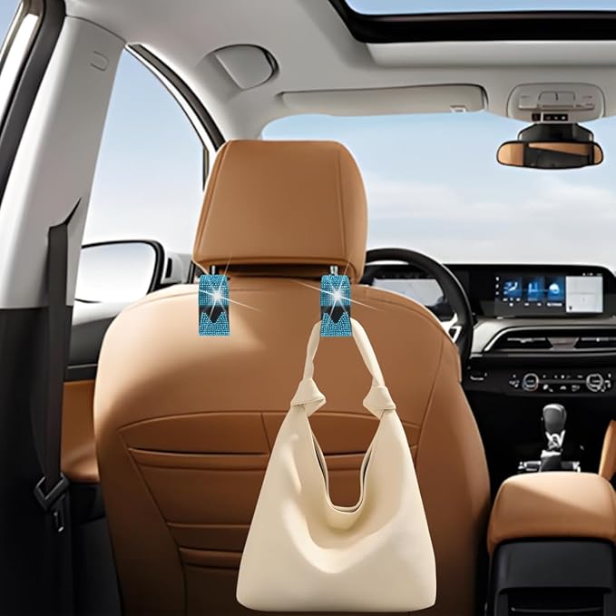 Bling Car Seat Headrest Hooks, 2PCS Crystal Rhinestone Vehicle Backseat Purse Holder for Handbags Coats Umbrellas, Diamond Auto Back Seat Storage Organizer Hanger, Universal Fit (Blue)