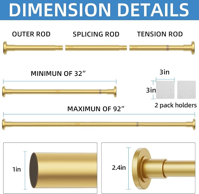 CorkLatta Gold Shower Curtain Rod,1 Inch Diameter Stainless Steel Adjustable Spring Tension Rods 32 to 92",with Holders,Anti-Slip,Curtain Rods No Drilling(1 Pack)