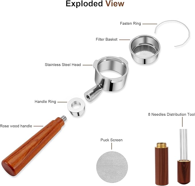54mm Bottomless Portafilter with Puck Screen & WDT Tool – Compatible with Breville Barista Express/Pro/Touch, Bambino Plus, Infuser, Duo-Temp Pro, 18–20g Filter Basket and Rosewood Handle