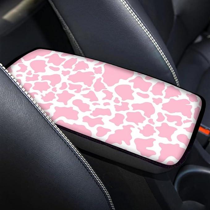 JoyLamoria Pink Cow Print Auto Armrest Box Pad Center Console Armrest Cover Universal Fit Car SUV Sedan