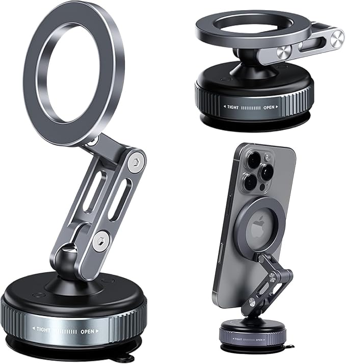 Vacuum Magnetic Car Phone Mount for MagSafe, 360° Adjustable Ball Joint, Strong Suction Cup Windshield Phone Holder with Aluminum Alloy Telescopic Arm