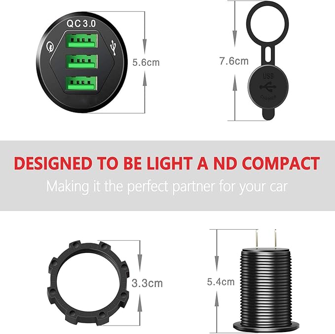 Triple Port QC3.0 Car Charger Socket, 12V/24V 36W USB Charger with 3 Fast Charging Ports, IP66 Waterproof Aluminum Socket Mount for Car Boat RV Marine ATV