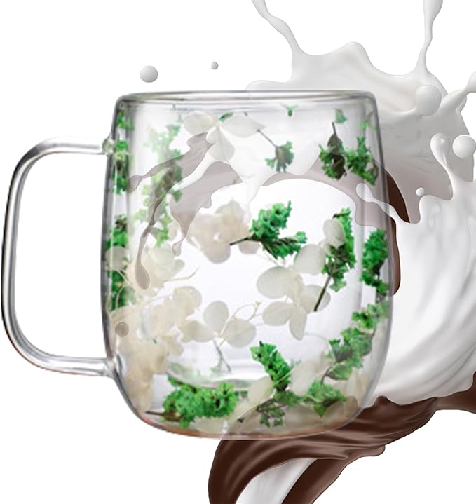Dried Flowers Insulated Glass Double Wall Coffee Mug With Handle 250ml/390ml Transparent Double Glases Flower Tea Cup Latte Coffee Cup Borosilicate Glass Tea Mug