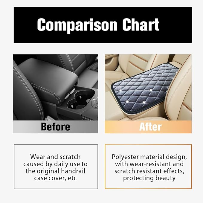 HZEL Bling Car Center Console Cover, Crystal Rhinestone Velvet Soft Vehicle Seat Armrest Box Protector Cushion, Comfortable Diamond Auto Arm Rest Mat Pad, Universal for Truck SUV Sedan (Gray)