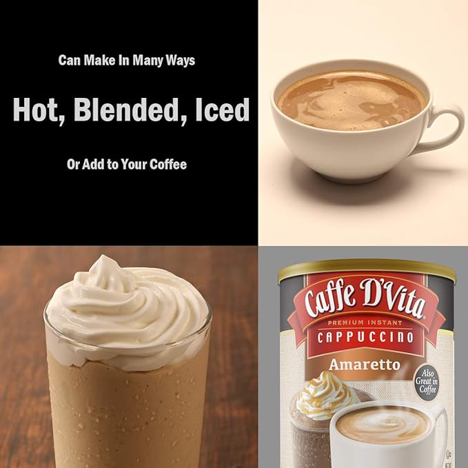 Caffe D'Vita Amaretto Cappuccino Mix - Amaretto Cappuccino Instant Mix, Gluten Free, No Cholesterol, Hydrogenated Oils, or Trans Fat, 99% Caffeine Free - 16 Oz Can, 6-Pack