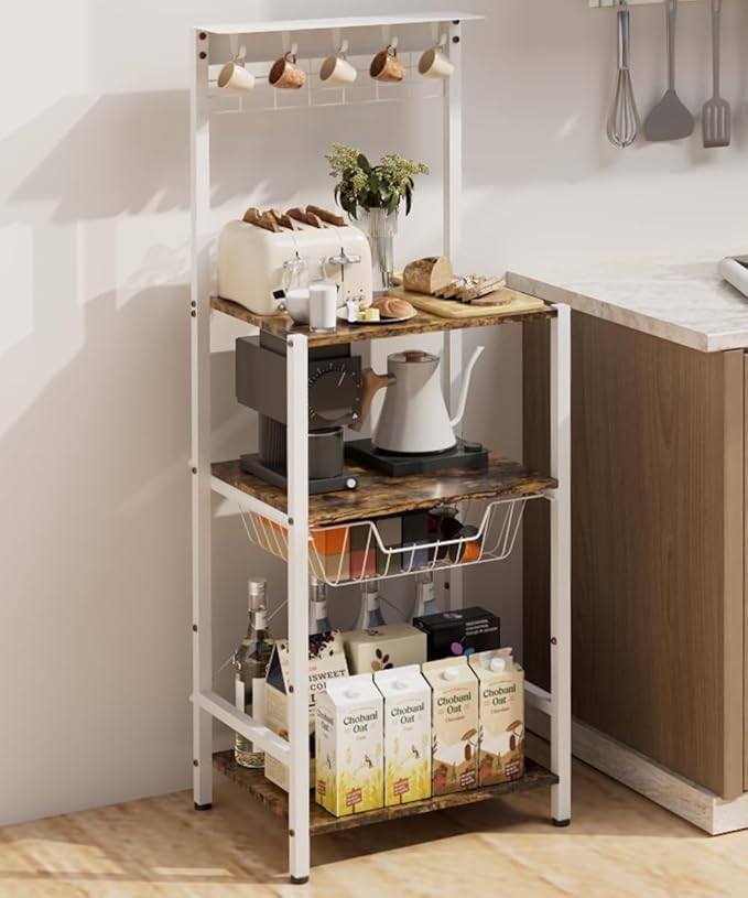 4 Tier Coffee Bar Station, Corner Bakers Rack with 5 Hooks & Wire Basket, Coffee Maker Stand for Small Space, Kitchen Storage Shelf for Entryway, Living Room, Café, White, 16.5"x13"x47.8"