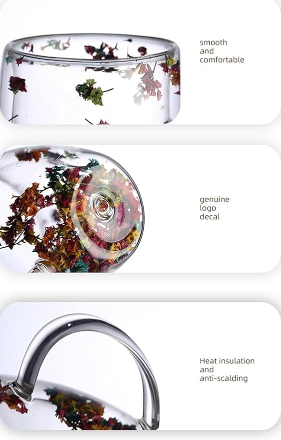 Leilanis Double Wall Glass Coffee Mug, Floral Design, Transparent Cup with Autumn Flowers (style 1)