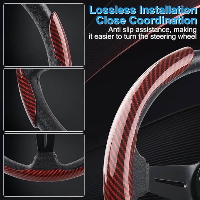 Carbon Fiber Steering Wheel Cover 3PCS, Non-Slip Grip for Universal Cars,Fit for 14–16 Inch Wheels, Interior Accessories for Cars Trucks (red)