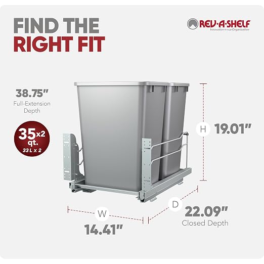 Rev-A-Shelf Double 35 Qt Pullout Trash Cans with Soft-Close for Under Kitchen Cabinets, Min Opening Width of 14.5", Metallic Silver, 53WC-1835SCDM-217